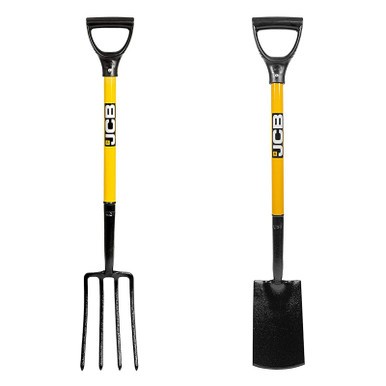JCB lightweight border fork and spade set featuring solid forged steel heads, yellow ergonomic handles, and a black finish for durability and ease of use in gardening tasks.