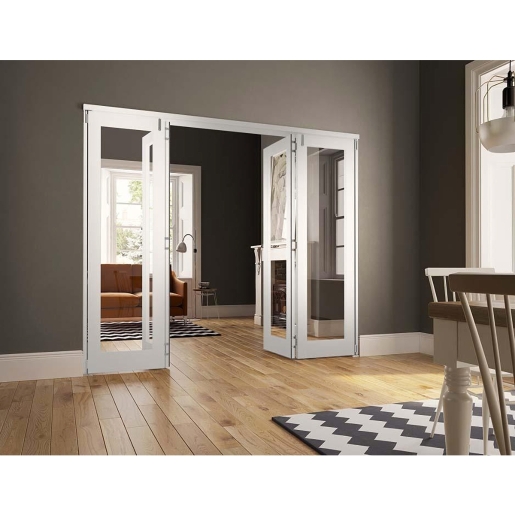 White fold-flat room divider by Jci, measuring 2390mm, features sleek panels with a modern design, set in a stylish interior with wooden flooring and contemporary decor.