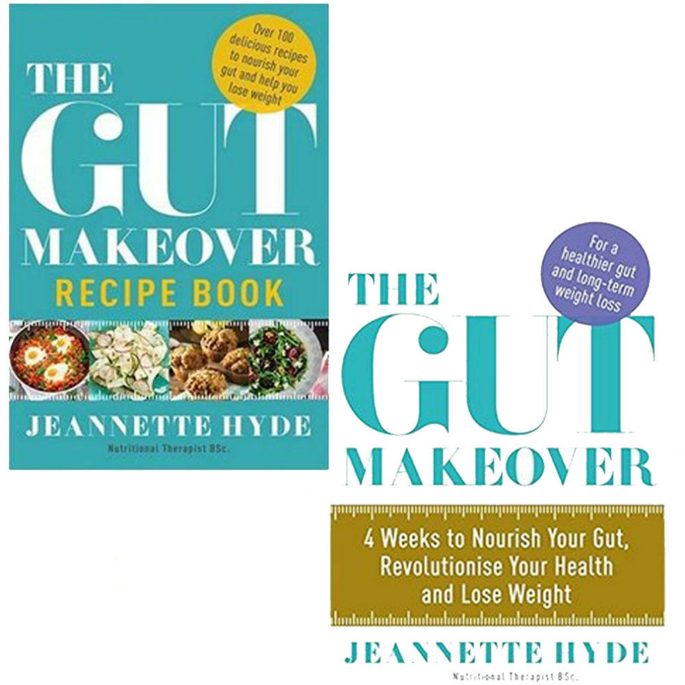 Two paperback books from the "Gut Makeover Collection" by Jeannette Hyde, featuring a turquoise cover with white text, showcasing healthy recipes and gut health tips.