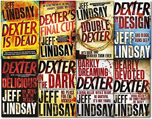 Eight book covers from the Jeff Lindsay Dexter series collection, featuring bold titles in red and yellow against dark backgrounds, showcasing themes of crime and suspense.