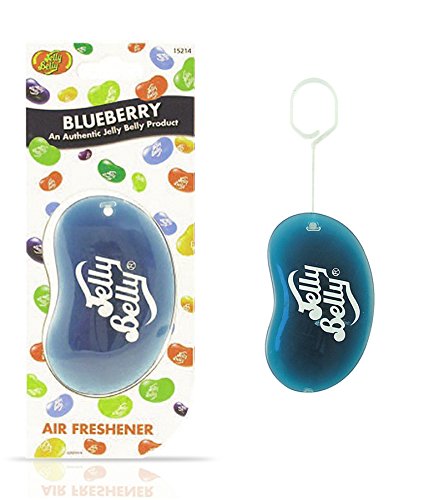 Blueberry-scented 3D gel air freshener shaped like a jelly bean, featuring a blue gradient, Jelly Belly logo, and a white hanging loop.