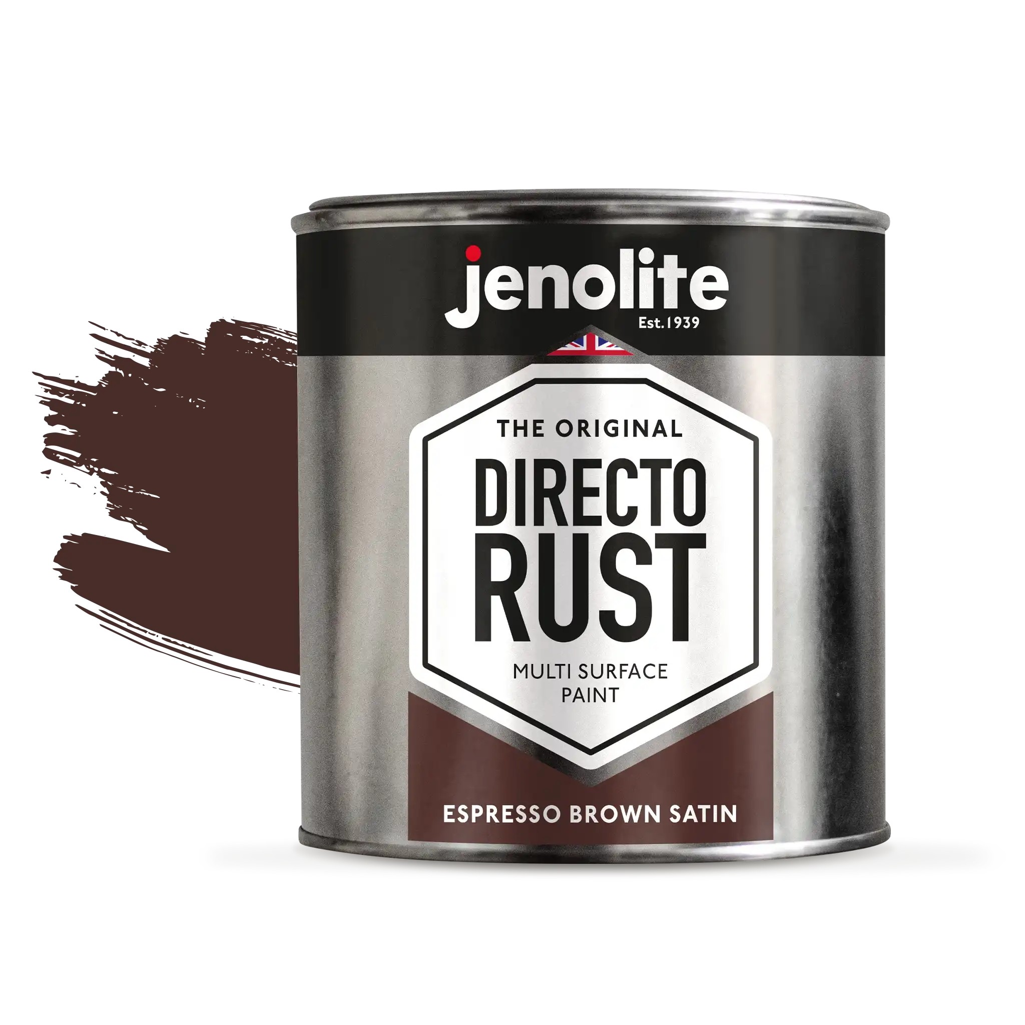 Jenolite Direct Rust paint in Espresso Brown Satin, 1 litre can, features a metallic silver finish with a bold black label and a splash of dark brown paint.