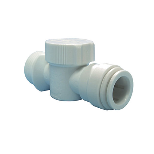 White plastic washing machine tap with a 15mm x 3/4" push-fit design, featuring two connectors and a textured grip cap for easy operation.