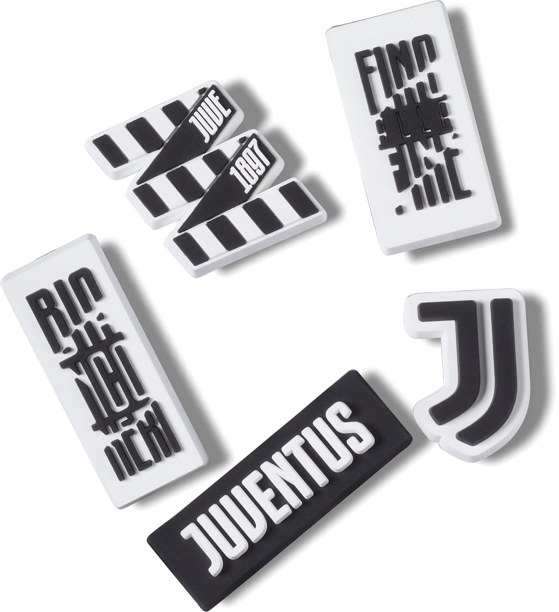 Five Jibbitz charms for Crocs featuring black and white designs, including the word "JUVENTUS," stripes, and the year "1897," made of durable rubber material.