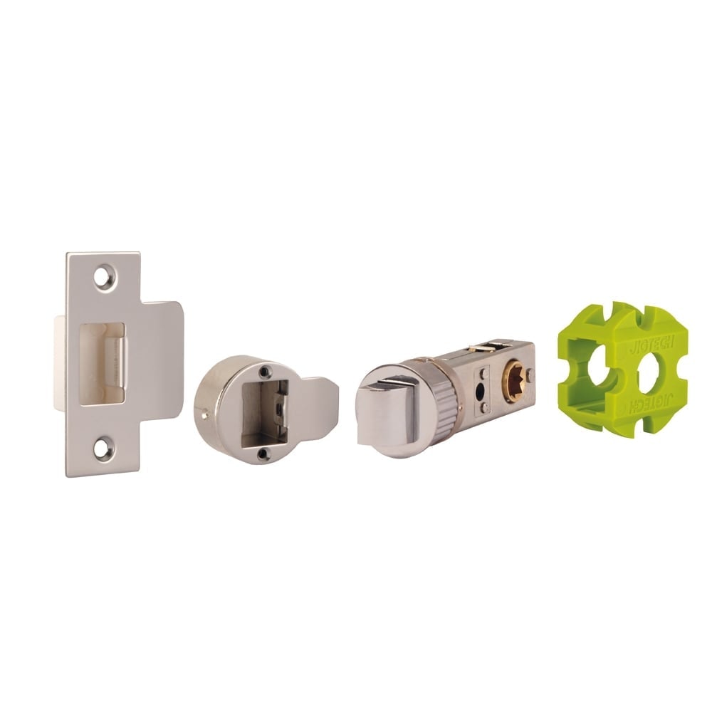 Satin nickel plated standard passage latch set with a 57mm backset, featuring a round latch mechanism, strike plate, and a green installation tool.
