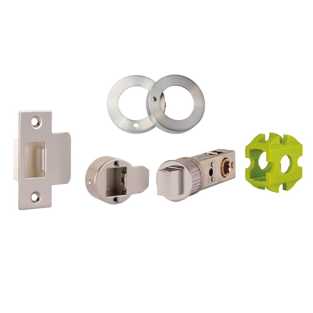 Satin nickel plated privacy latch set featuring a 57mm backset, including a cylindrical lock, strike plate, and two circular rosettes, with a green installation tool.