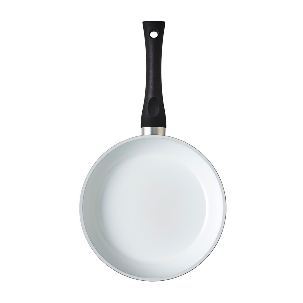 Ceracraft Pro Pan in grey, 24cm diameter, features a smooth white ceramic non-stick interior and a sturdy black handle with a hanging hole for easy storage.