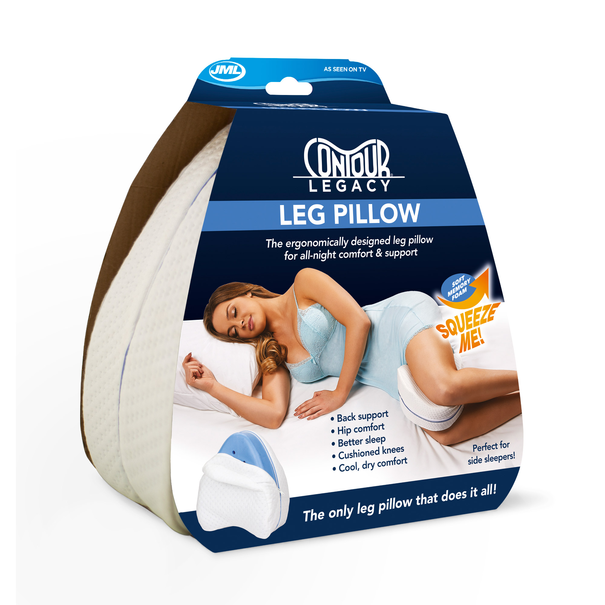 Ergonomically designed JML Contour Leg Pillow in a hexagonal packaging, featuring a blue and white color scheme, highlighting comfort benefits for back, hip, and knee support.