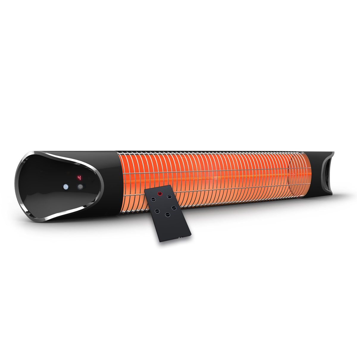 Black and silver instant heater with a long, sleek design, featuring an orange heating element and a remote control for easy operation.