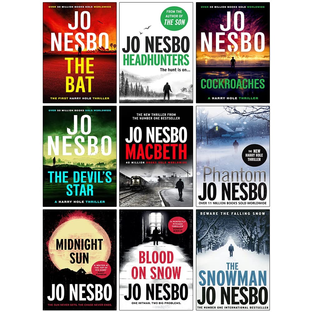 A collection of eight Jo Nesbo books featuring colorful covers, including titles like "The Bat," "Headhunters," and "The Devil's Star," with distinct designs and bold typography.