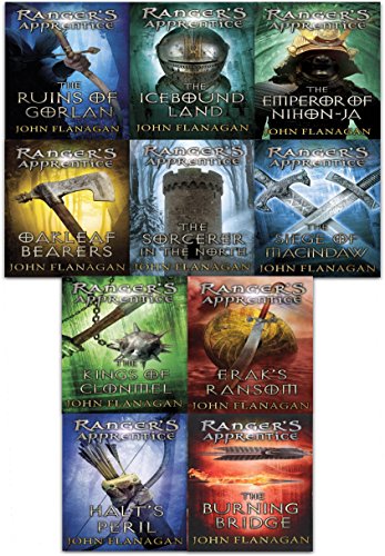 Ten paperback books from the "Ranger's Apprentice" series by John Flanagan, featuring colorful covers with fantasy-themed artwork, including swords, shields, and mystical landscapes.