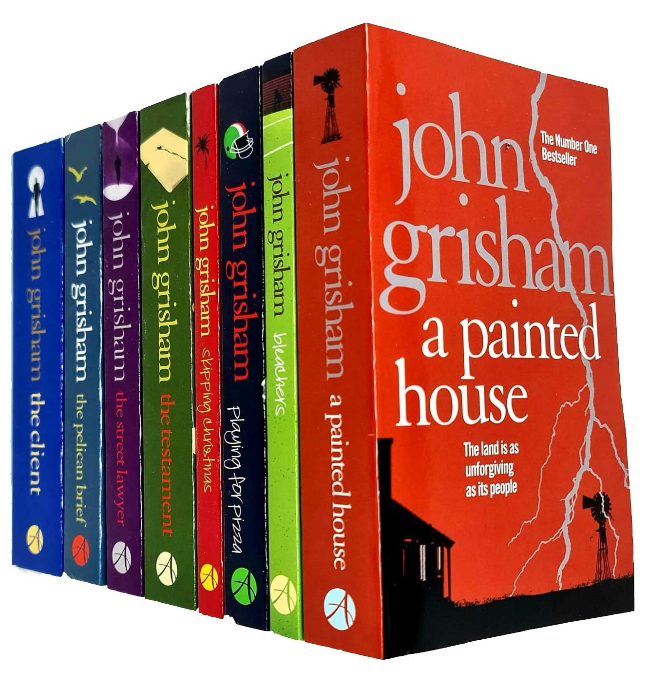 Eight colorful paperback books by John Grisham, featuring titles like "A Painted House" and "Playing for Pizza," arranged in a row with distinct cover designs and author name prominently displayed.