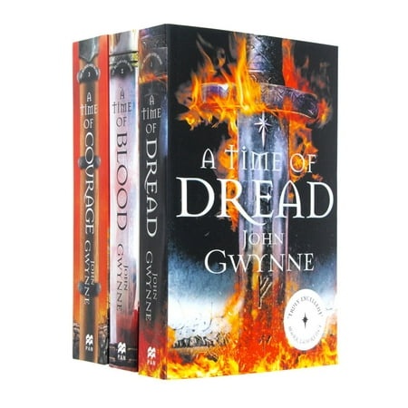 Three hardcover books from John Gwynne's "Blood and Bone" series, featuring fiery designs, with titles "A Time of Dread," "A Time of Blood," and "A Time of Courage" on the spines.