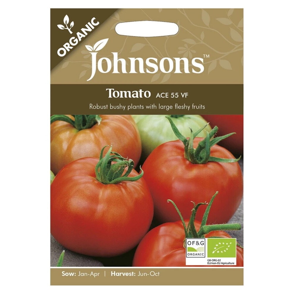 Packaged seeds for Johnsons Home Grown Organic Tomato Ace 55 VF, featuring vibrant red tomatoes on the front, with a brown and cream background and clear labeling.
