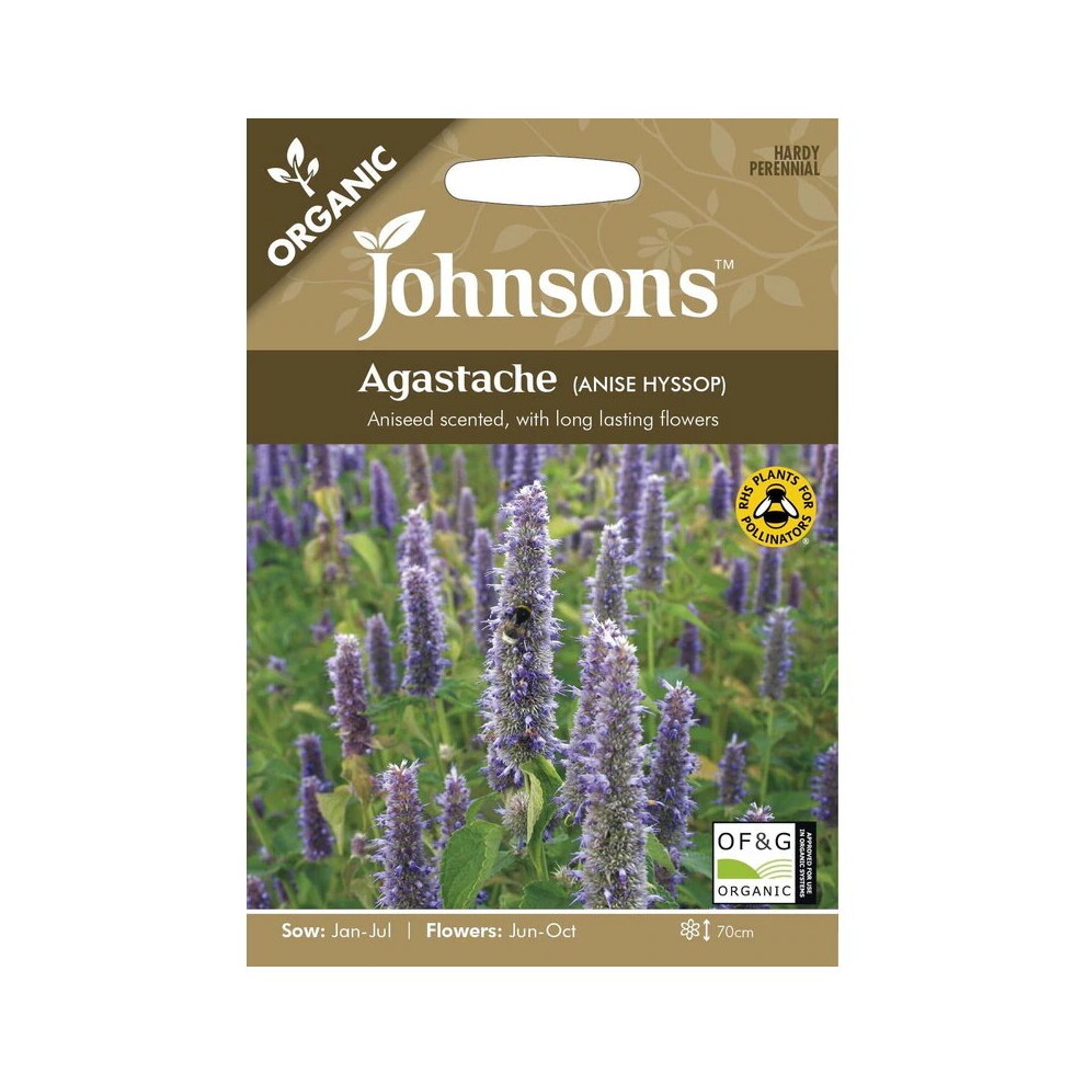 Brown seed packet featuring "Johnsons Grow Your Own Organic Flowers Agastache Anise Hyssop Seeds," with images of purple flowers and a bee, labeled as organic and perennial.