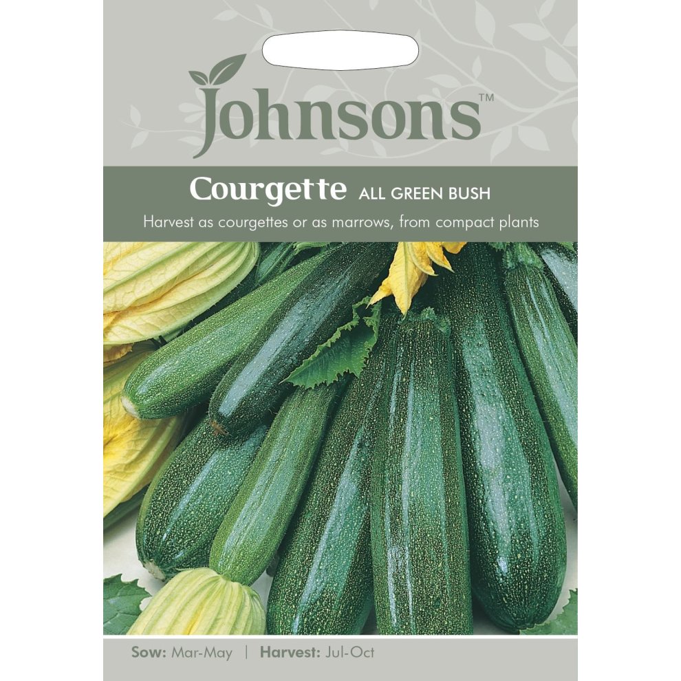 Pictorial seed pack featuring green courgettes, with a light green background and the Johnsons logo; includes sowing and harvesting information.