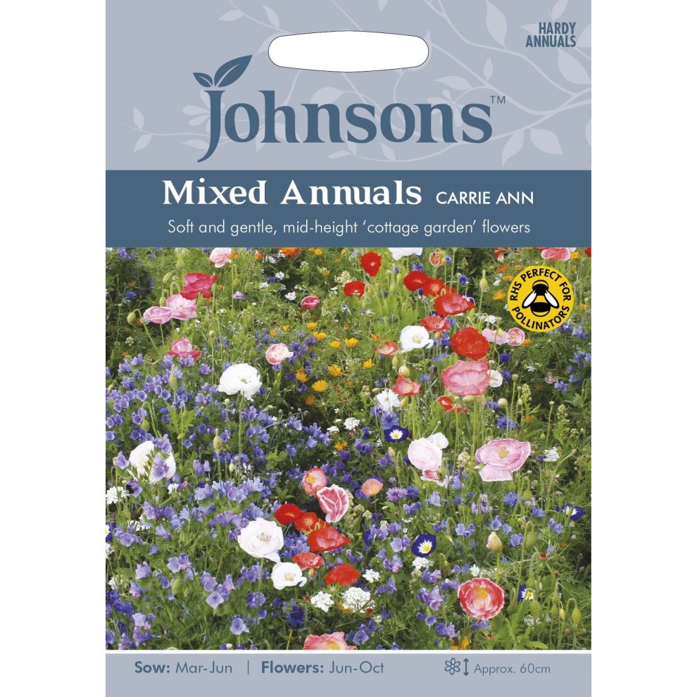 Colorful seed packet featuring a variety of flowers, labeled "Mixed Annuals Carrie Ann" with a soft floral design, and details on sowing and flowering times.