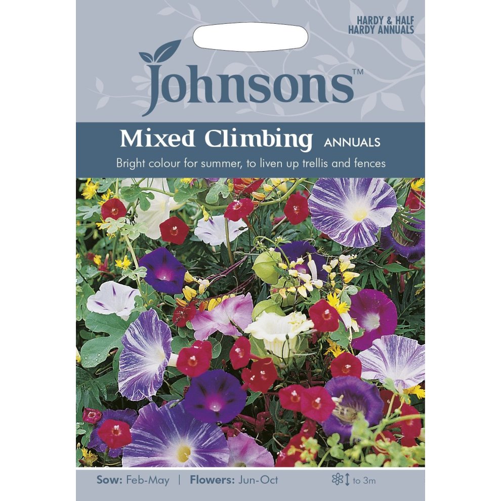 Brightly colored flower seeds package featuring a mix of climbing annuals, showcasing purple, red, and white blooms against a green background, with sowing and flowering details.