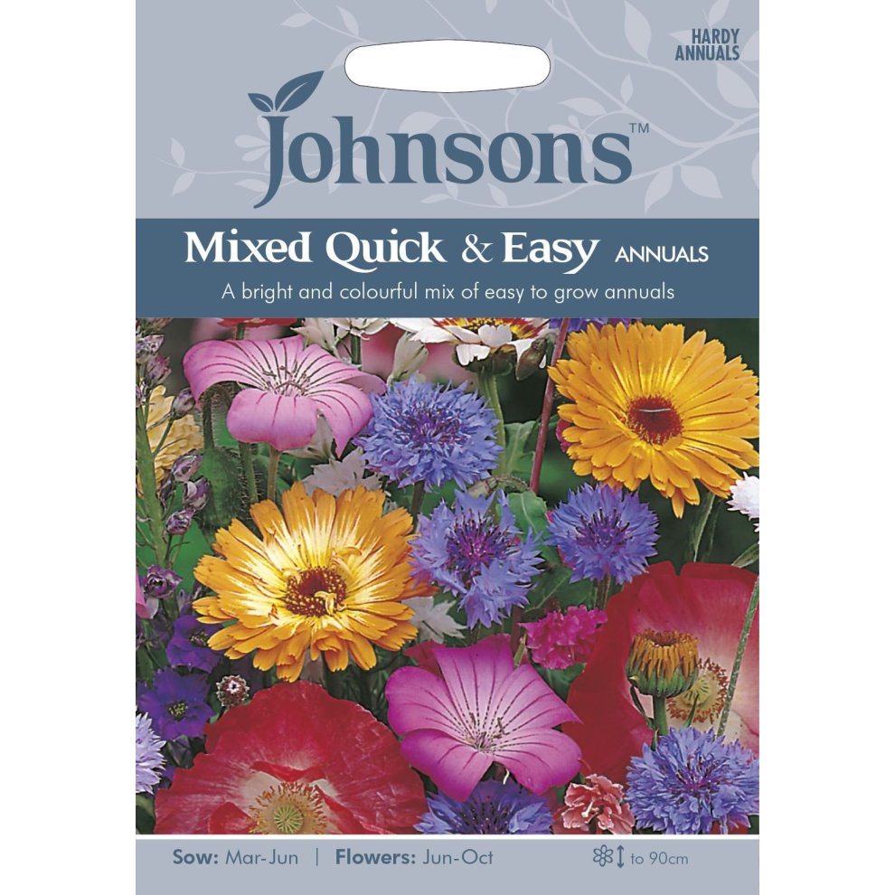 Brightly colored seed packet featuring a vibrant mix of flowers, including marigolds, poppies, and cornflowers, with sowing and flowering details at the top.