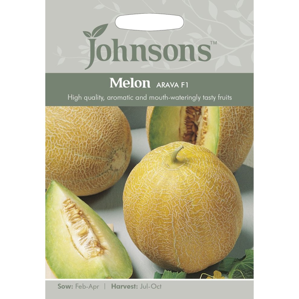 Packaged seeds for Johnsons Melon Arava F1, featuring a light green background with images of ripe melons, showcasing their textured skin and cut sections, along with sowing and harvesting details.
