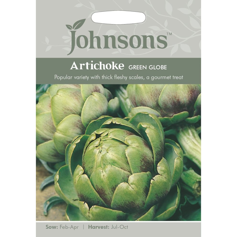 Green and purple artichokes on a light gray seed packet, featuring the Johnsons logo, with text detailing the variety, sowing, and harvesting information.