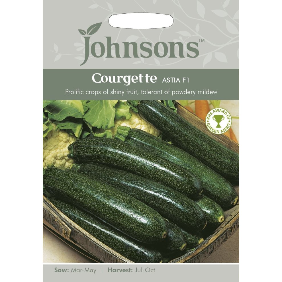 Pictorial seed pack featuring glossy green courgettes, with a light gray background and text detailing sowing and harvesting information.