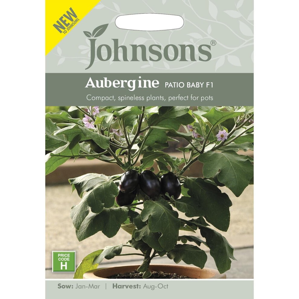 Packaged seeds for Johnsons Aubergine Patio Baby F1, featuring a green and white design, with illustrations of a compact plant and glossy black aubergines.