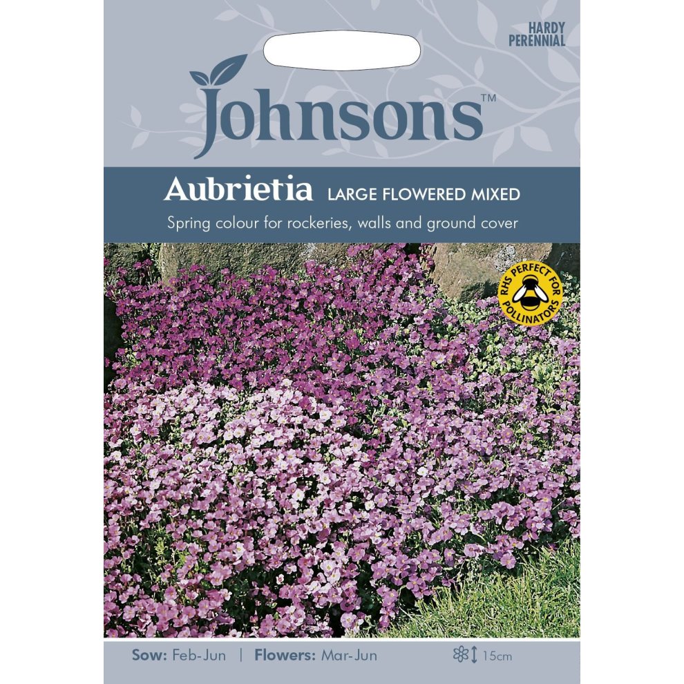 Pictorial seed packet featuring Johnsons Seeds branding, showcasing vibrant pink and purple Aubrietia flowers, labeled for spring planting and pollinator-friendly use.