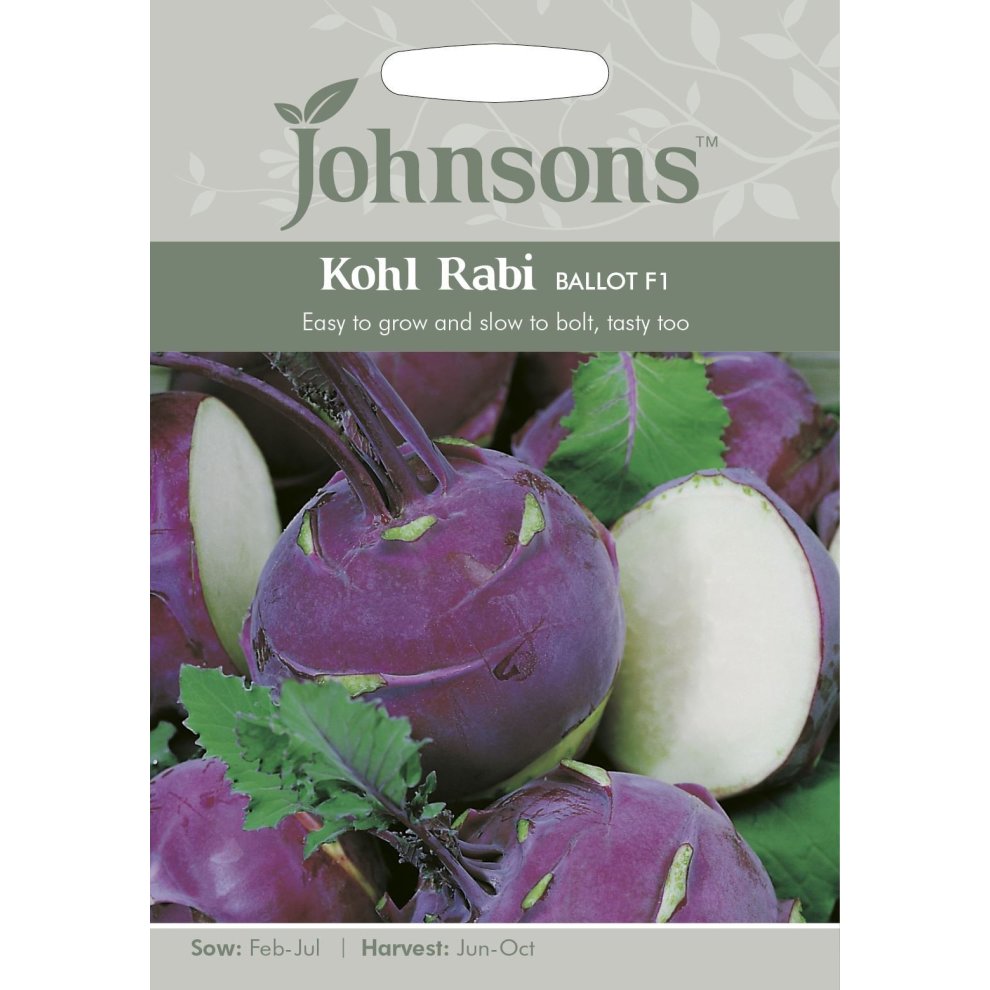 Pictorial seed packet featuring Kohl Rabi Ballot F1, showcasing purple bulbs with green leaves, labeled with sowing and harvesting details, and Johnsons Seeds branding.