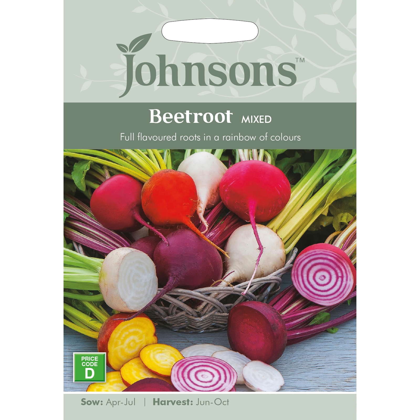 Colorful packet of Johnsons Grow Your Own Beetroot Mixed seeds, featuring vibrant beetroot varieties in red, pink, and yellow, with sowing and harvesting details on a green background.