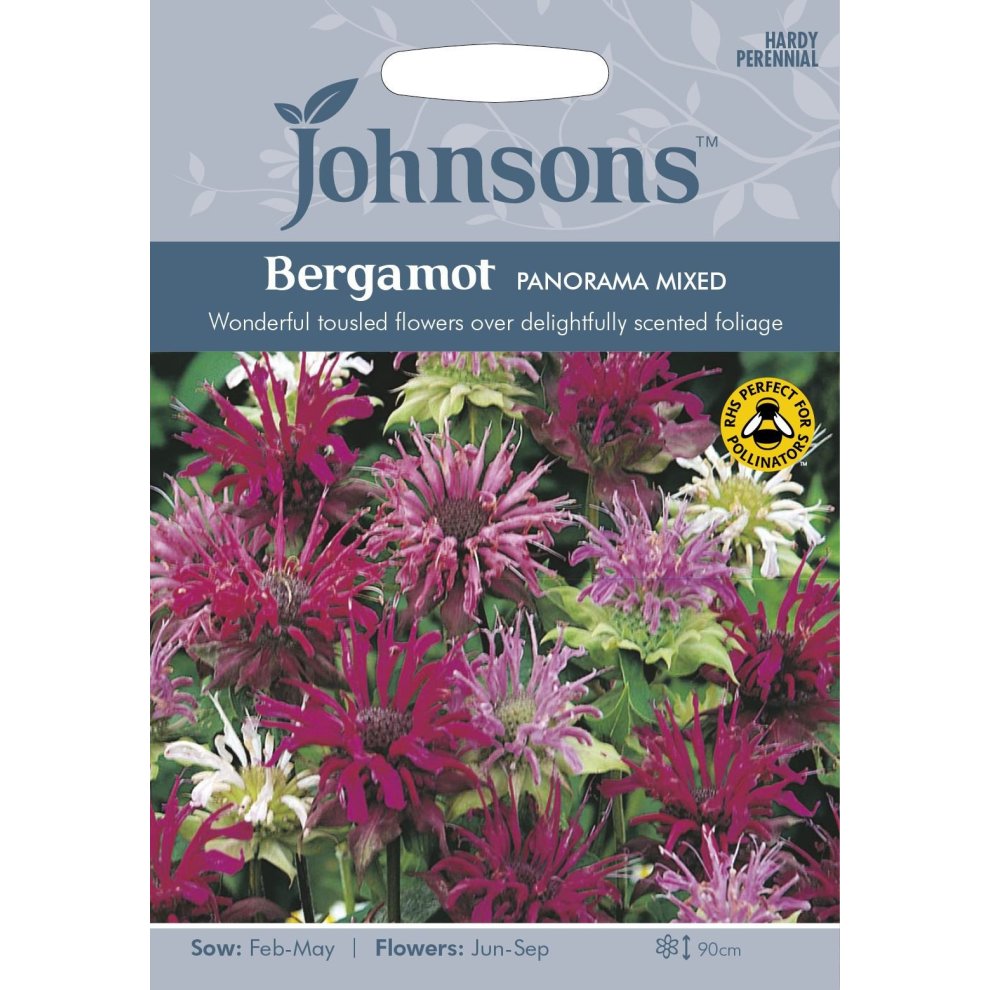 Johnsons Seeds Pictorial Pack featuring Bergamot Panorama Mixed, showcasing vibrant pink and white flowers with green foliage, labeled with sowing and flowering details.