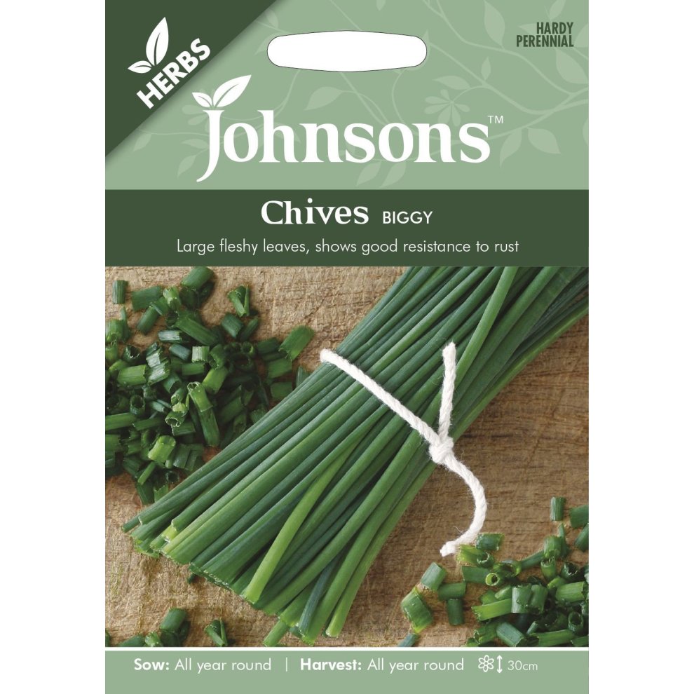 Pictorial seed pack for Johnsons Seeds featuring "Chives Biggy," displaying vibrant green chives tied with twine, with planting details and a light green background.