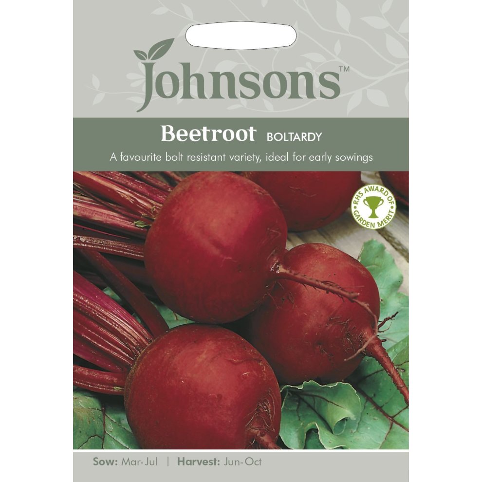 Pictorial seed packet for Johnsons Seeds featuring Beetroot Boltardy, showcasing red beetroots with green leaves, and details on sowing and harvesting times.