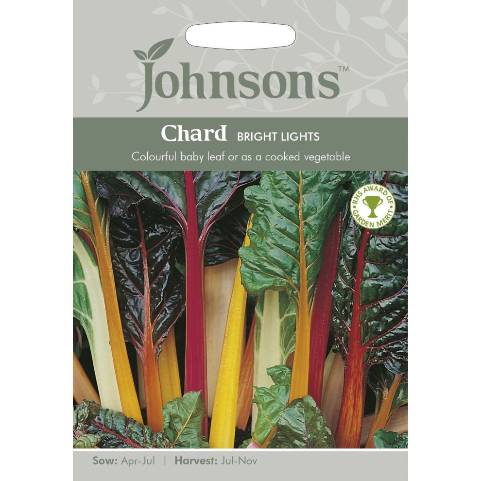 Colorful seed packet featuring "Chard Bright Lights" by Johnsons Seeds, showcasing vibrant chard leaves in shades of green, red, and yellow, with sowing and harvesting details.