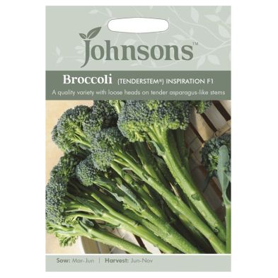 Green broccoli with loose heads and tender, asparagus-like stems displayed on a seed packet featuring the Johnsons Seeds logo and planting information.