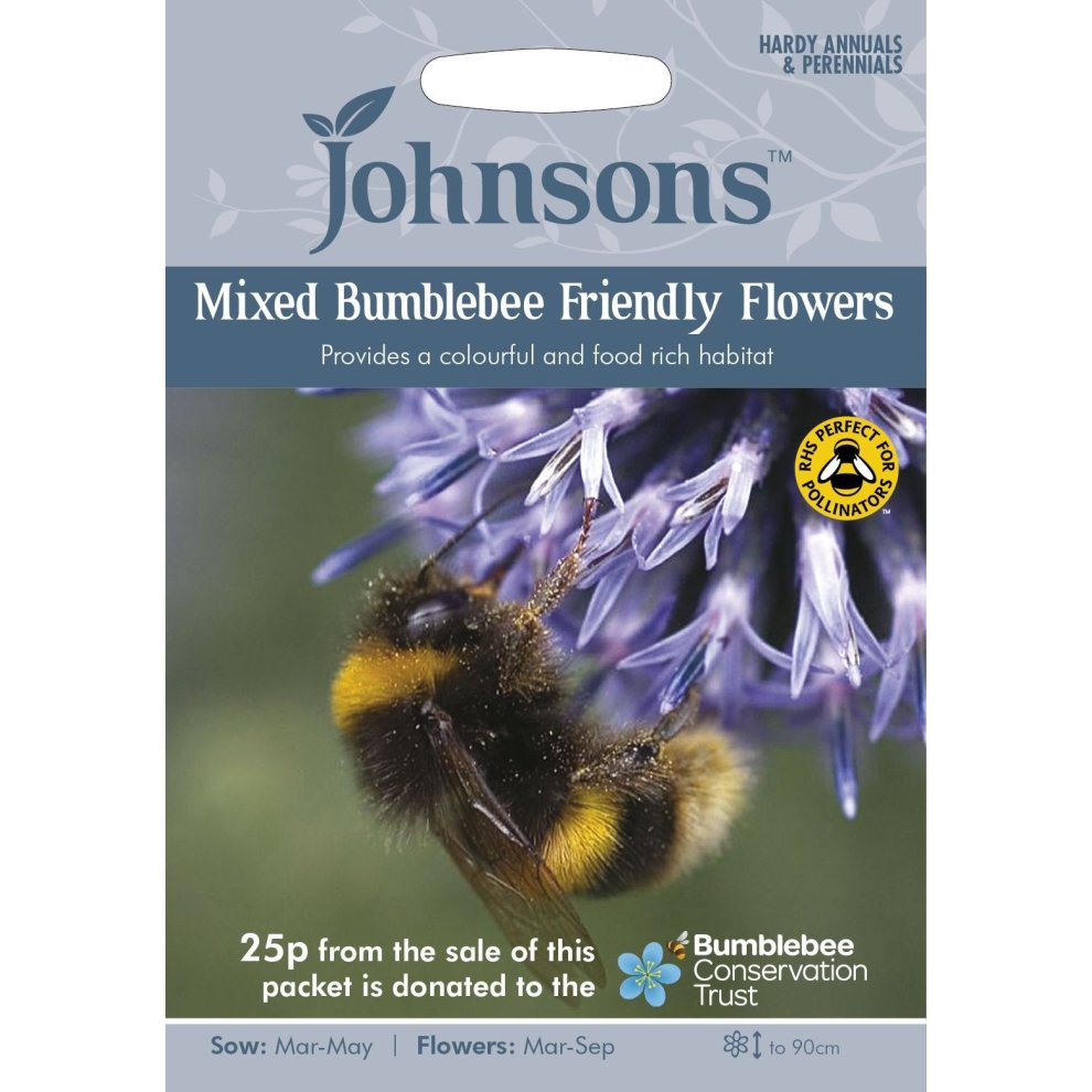 White seed packet featuring "Johnsons" logo, titled "Mixed Bumblebee Friendly Flowers," with a bumblebee on blue flowers, and details about sowing and donation to conservation.