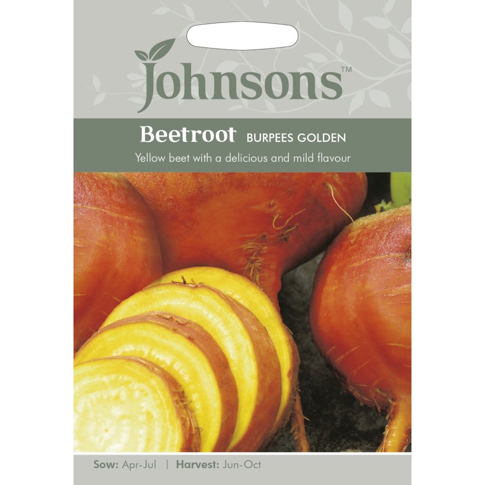 Bright yellow beetroot seeds package featuring "Johnsons" branding, with a clear window showing sliced golden beets, and details on sowing and harvesting times.