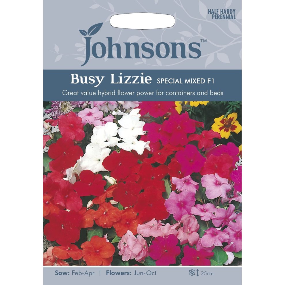 Pictorial seed pack featuring vibrant Busy Lizzie flowers in shades of pink, white, and red, with planting instructions and branding from Johnsons Seeds.