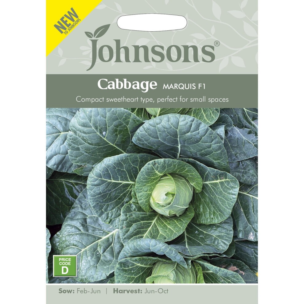 Packaged seeds for Johnsons Cabbage Marquis F1, featuring a green cabbage illustration, with a light grey background and clear sowing and harvesting instructions.