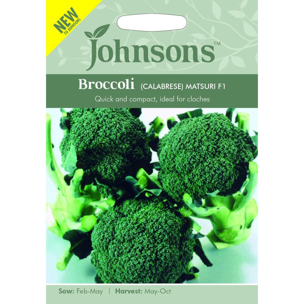 Green seed packet featuring "Johnsons - Broccoli (Calabrese) Matsuri F1" with images of broccoli heads, sowing and harvest details, and a "NEW" label at the top.