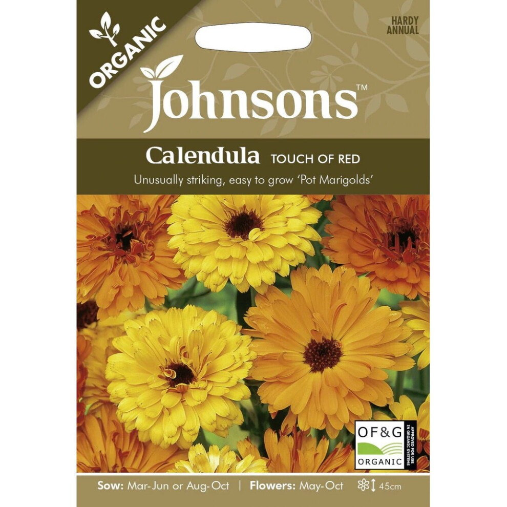 Brightly colored seed packet featuring yellow and orange calendula flowers, labeled "Johnsons Easy Grow Your Own Garden Calendula Touch of Red," with organic certification details.