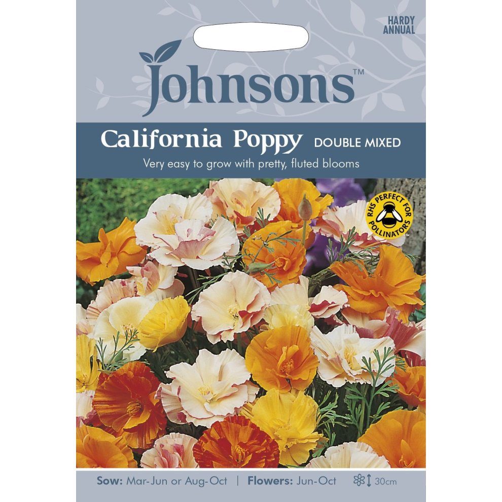Colorful packet featuring California Poppy Double Mixed seeds, showcasing vibrant orange, yellow, and cream flowers, with planting instructions and a pollinator-friendly badge.