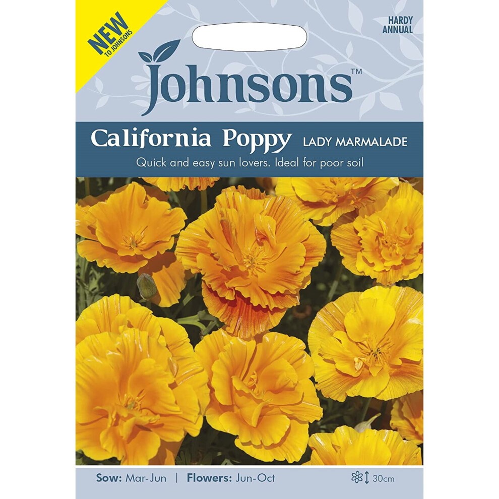 Bright orange California Poppy seeds labeled "Lady Marmalade" on a blue and white packet, featuring blooming flowers, sowing instructions, and ideal growing conditions.