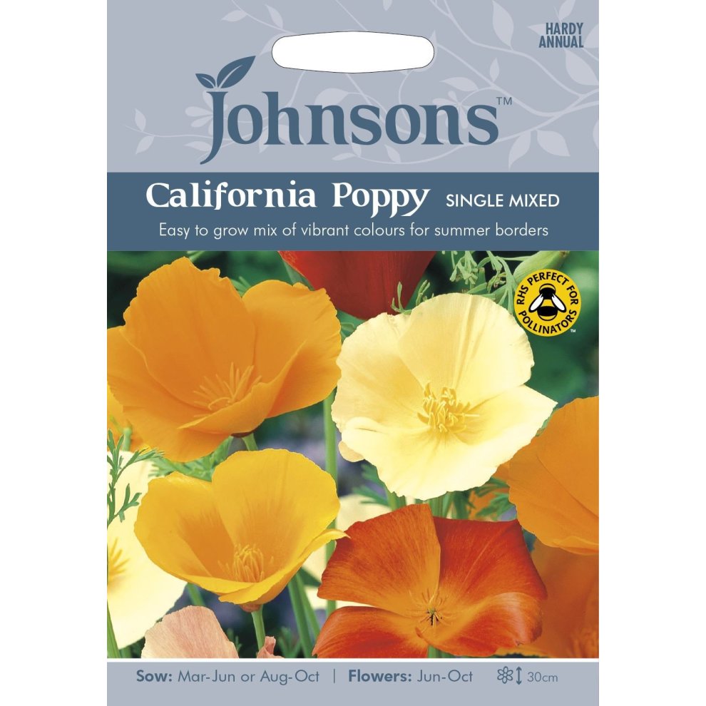 Pictorial seed packet featuring vibrant California poppy flowers in orange and yellow, labeled "Johnsons California Poppy Single Mixed," with sowing and flowering details.