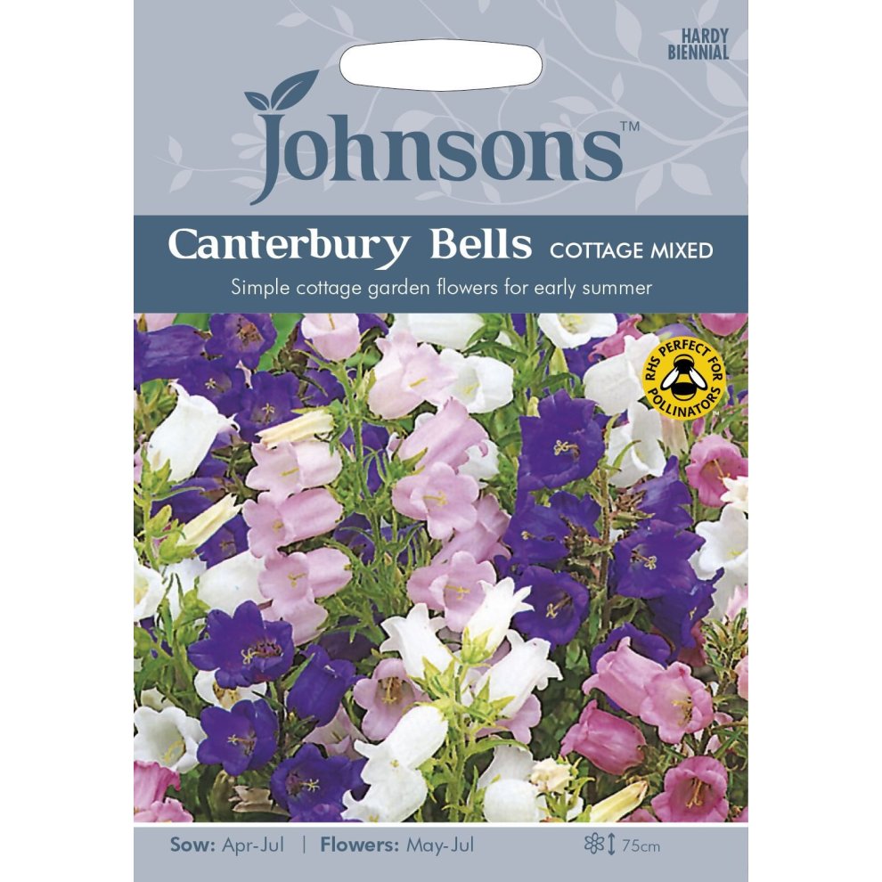 Pictorial seed packet featuring Canterbury Bells Cottage Mixed flowers in shades of purple, pink, and white, with sowing and flowering instructions on a light background.