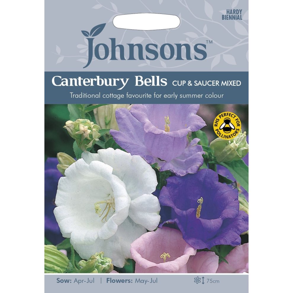 Pictorial seed pack featuring Canterbury Bells in mixed colors of purple and white, labeled with "Johnsons" and planting details, ideal for early summer blooms.