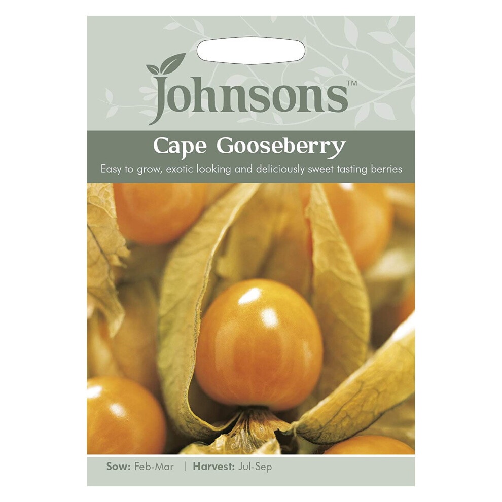 Cape Gooseberry seeds packet featuring a light green background, with the brand name "Johnsons" at the top, and images of orange berries wrapped in papery husks.