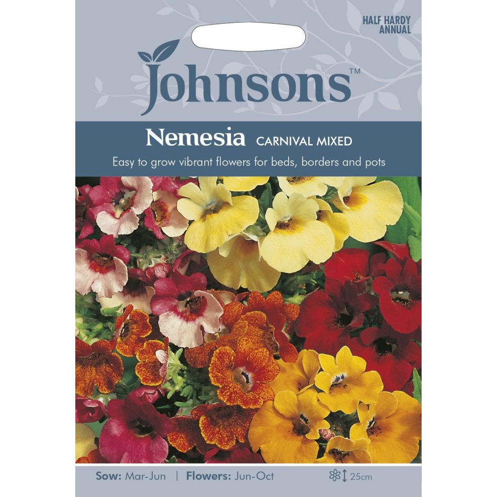 Colorful seed packet featuring a mix of vibrant Nemesia flowers in red, yellow, and orange shades, with planting instructions and branding from Johnsons Seeds.