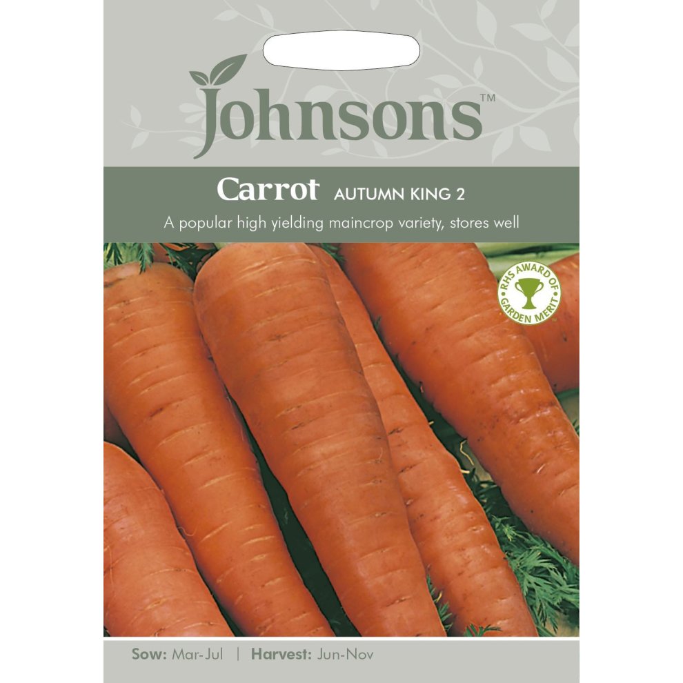 Pictorial seed pack featuring vibrant orange carrots with green foliage, labeled "Carrot Autumn King 2," containing 2000 seeds, with sowing and harvesting details.