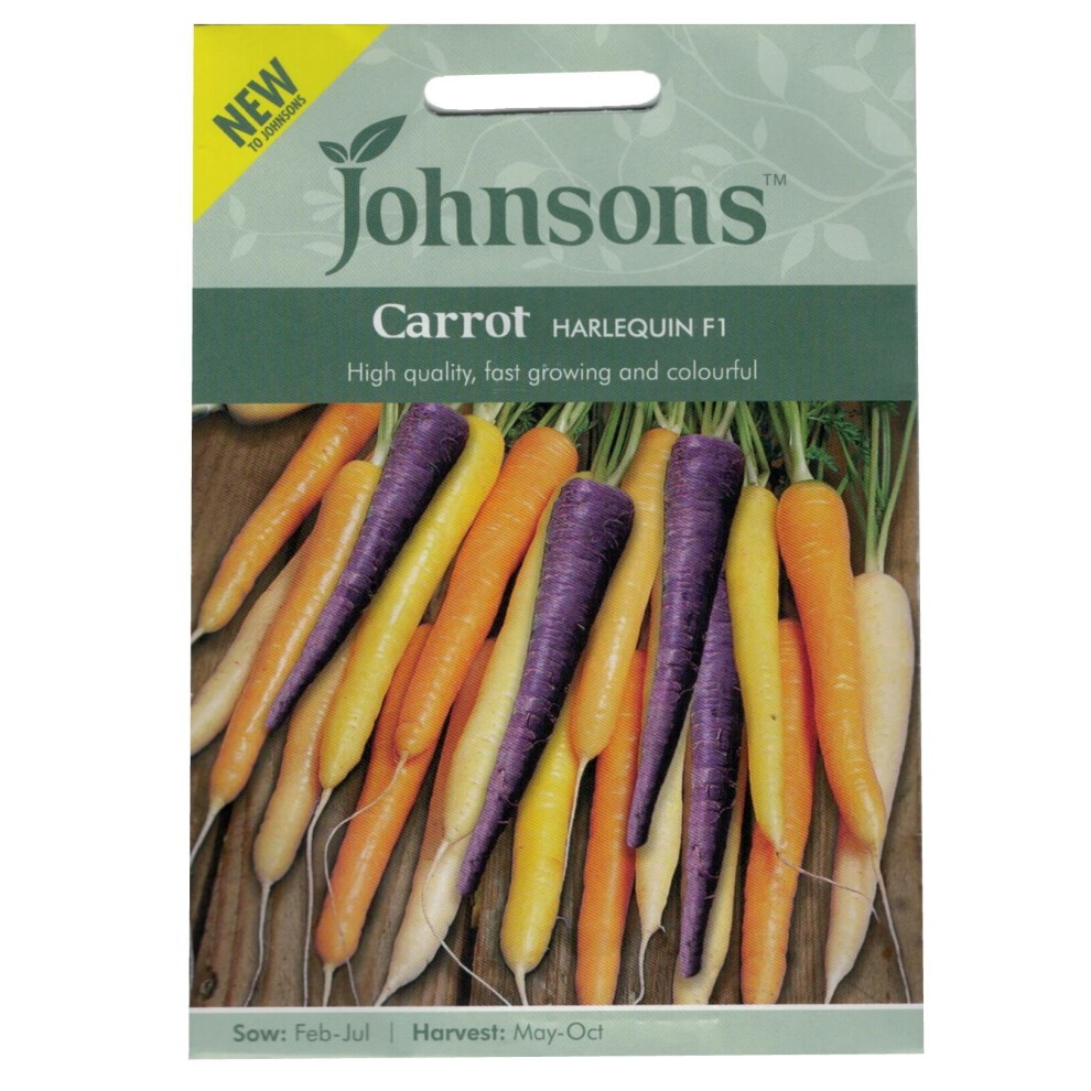 Colourful carrot seeds pack featuring Harlequin F1 variety, showcasing vibrant orange, purple, and yellow carrots with a green header and planting information at the bottom.